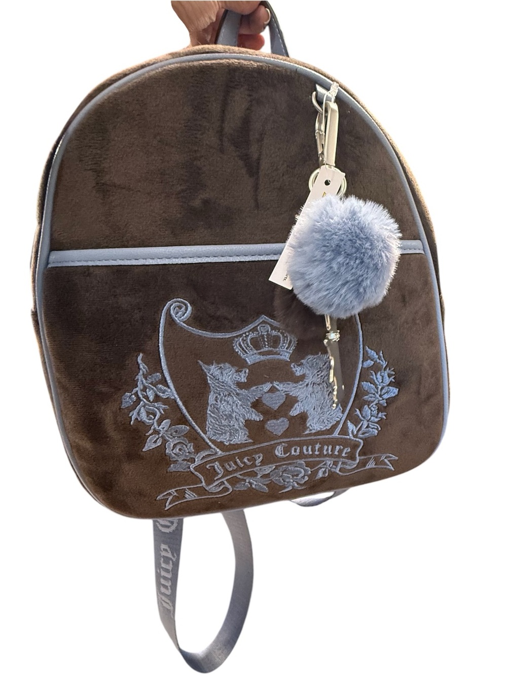 Juicy Couture Brown Velvet Backpack with Light Blue Embroidery and Pom